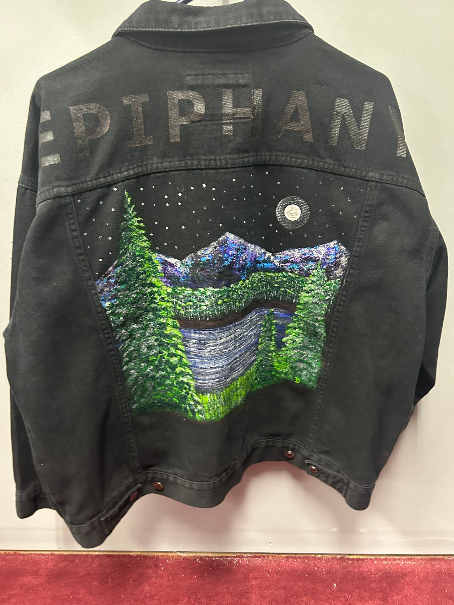 Jean Jacket - Hand-Painted "Epiphany" Uniq by Liz - Mountain and Moonlit Lake