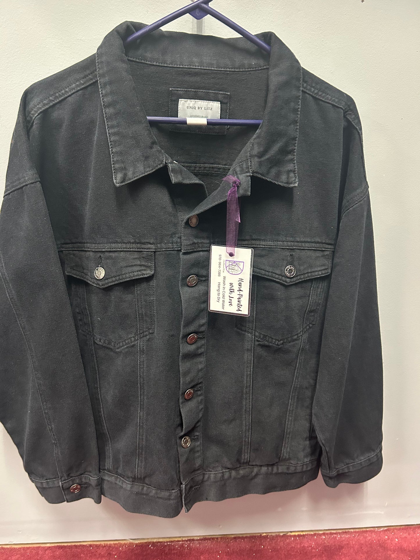 Jean Jacket - Hand-Painted "Epiphany" Uniq by Liz - Mountain and Moonlit Lake